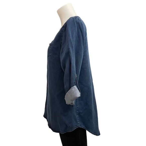 SOFT SURROUNDINGS Tencel Tunic In Dark Denim V neck roll tab sleeves XS NEW! - Picture 3 of 10